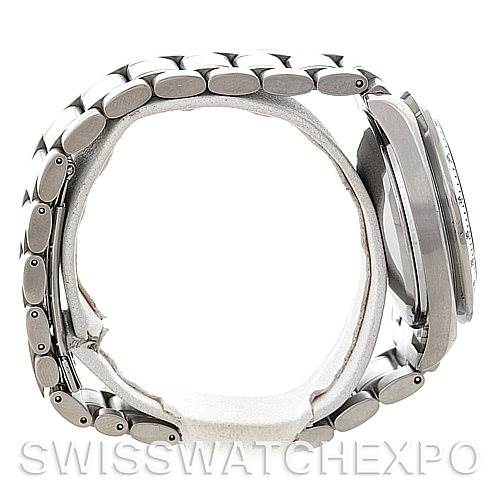 The Omega Speedmaster 3513.50.00 Men's Stainless Steel Black Dial 3513.50.00 Men's Stainless Steel Black Dial watch is shown in a side view, displaying its metal bracelet and case.