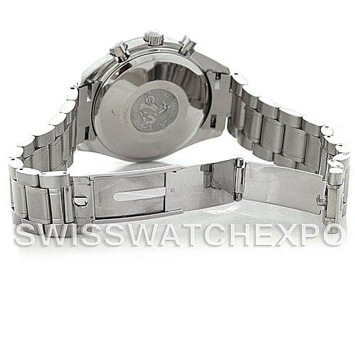 The image shows the back angle of an Omega Speedmaster 3513.50.00 Men's Stainless Steel Black Dial 3513.50.00 Men's Stainless Steel Black Dial watch, highlighting its closed case back and partially opened metal bracelet.