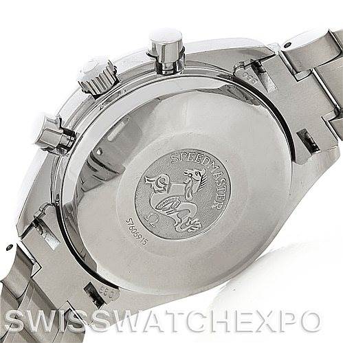 This image shows the back and side of an Omega Speedmaster 3513.50.00 Men's Stainless Steel Black Dial 3513.50.00 Men's Stainless Steel Black Dial watch, highlighting the clasp, push buttons, and engraved case back.