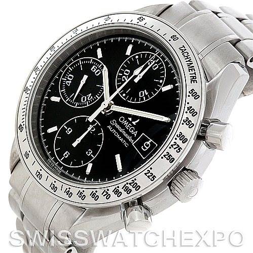 The image shows a front view and slight angle of an Omega Speedmaster 3513.50.00 Men's Stainless Steel Black Dial 3513.50.00 Men's Stainless Steel Black Dial watch, highlighting its black dial, chronograph subdials, and tachymeter bezel.
