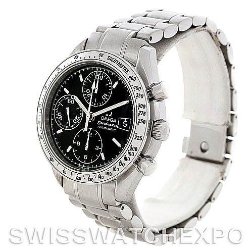 This image shows an Omega Speedmaster 3513.50.00 Men's Stainless Steel Black Dial 3513.50.00 Men's Stainless Steel Black Dial watch from a three-quarter angle, highlighting the dial, bezel, and bracelet.