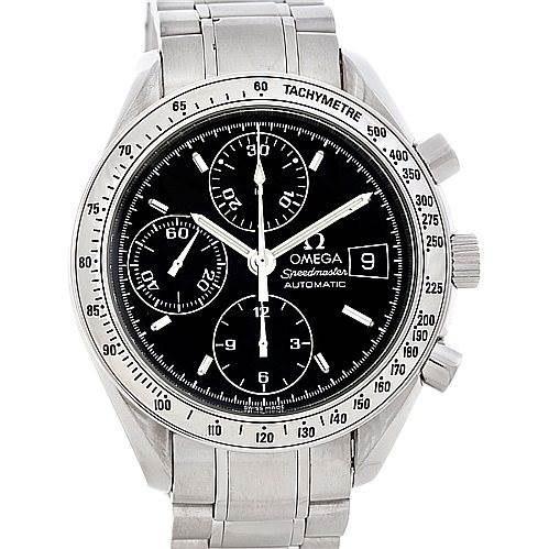 This image shows a front view of an Omega Speedmaster 3513.50.00 Men's Stainless Steel Black Dial 3513.50.00 Men's Stainless Steel Black Dial watch, displaying its black dial, chronograph subdials, and date window.