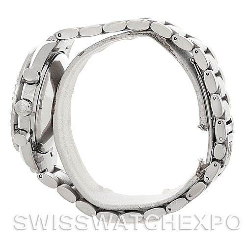 This side-angle image of the Omega Speedmaster 3513.50.00 Men's Stainless Steel Black Dial 3513.50.00 Men's Stainless Steel Black Dial watch showcases its metal bracelet and side buttons.