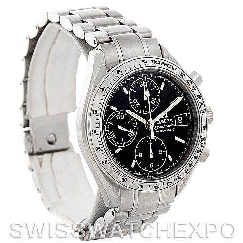 The image shows a three-quarter view of an Omega Speedmaster 3513.50.00 Men's Stainless Steel Black Dial 3513.50.00 Men's Stainless Steel Black Dial watch, highlighting the face, bezel, crown, pushers, and bracelet.