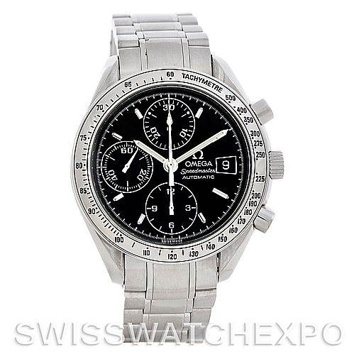 This is a front view of an Omega Speedmaster 3513.50.00 Men's Stainless Steel Black Dial 3513.50.00 Men's Stainless Steel Black Dial watch, showing the face, subdials, date window, and stainless steel bracelet.
