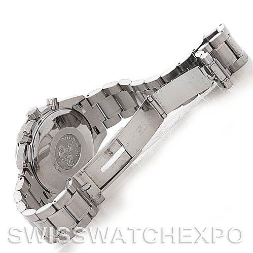 This image shows the back and clasp of an Omega Speedmaster 3513.30.00 Men
s Stainless Steel Silver Dial 3513.30.00 Men
s Stainless Steel Silver Dial watch with its stainless steel bracelet fully extended.