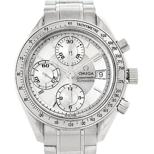 The image shows a front angle view of an Omega Speedmaster 3513.30.00 Men
s Stainless Steel Silver Dial 3513.30.00 Men
s Stainless Steel Silver Dial watch, highlighting the dial, sub-dials, tachymeter bezel, and date window.