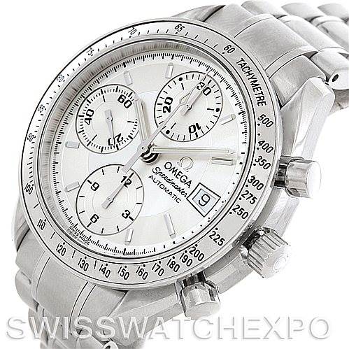 This image shows a close-up, angled view of the Omega Speedmaster 3513.30.00 Men
s Stainless Steel Silver Dial 3513.30.00 Men
s Stainless Steel Silver Dial watch, highlighting the dial, chronograph subdials, pushers, and bracelet.