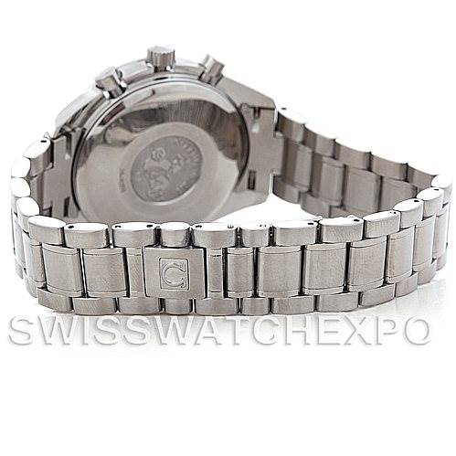 The image shows the back view of an Omega Speedmaster 3513.30.00 Men
s Stainless Steel Silver Dial 3513.30.00 Men
s Stainless Steel Silver Dial, highlighting the metal bracelet and case back.