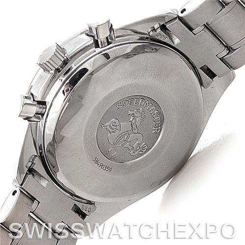 The image shows the back case and bracelet of an Omega Speedmaster 3513.30.00 Men
s Stainless Steel Silver Dial 3513.30.00 Men
s Stainless Steel Silver Dial watch, highlighting the engraved logo and serial number.