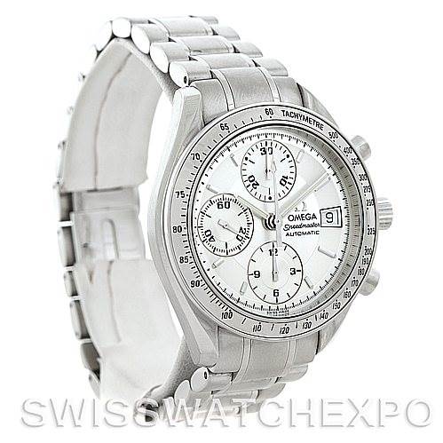 The image shows a side angle view of an Omega Speedmaster 3513.30.00 Men
s Stainless Steel Silver Dial 3513.30.00 Men
s Stainless Steel Silver Dial watch, highlighting the dial, tachymeter, and stainless-steel bracelet.