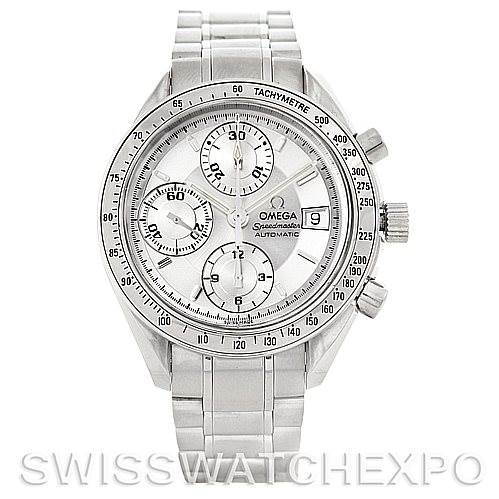 The image shows a front view of the Omega Speedmaster 3513.30.00 Men
s Stainless Steel Silver Dial 3513.30.00 Men
s Stainless Steel Silver Dial watch, displaying its face, bezel, pushers, crown, and bracelet.