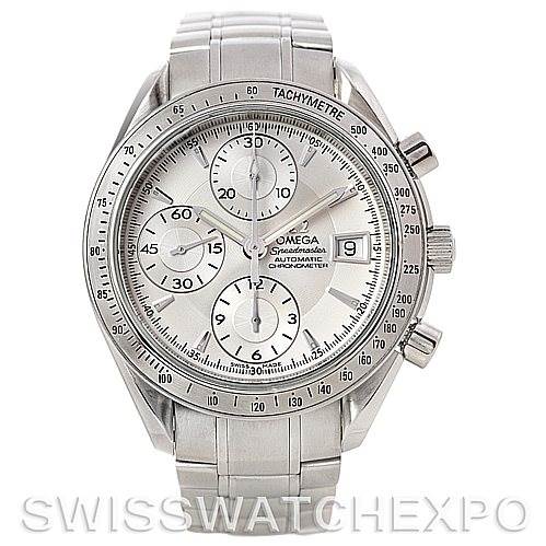 This is a frontal view of an Omega Speedmaster 3211.30.00 Men
s Stainless Steel Silver Dial 3211.30.00 Men
s Stainless Steel Silver Dial watch showing its dial, subdials, bezel, and stainless steel bracelet.