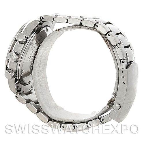 This image shows a side and partial rear view of an Omega Speedmaster 3211.30.00 Men
s Stainless Steel Silver Dial 3211.30.00 Men
s Stainless Steel Silver Dial watch, focusing on its silver bracelet and clasp.