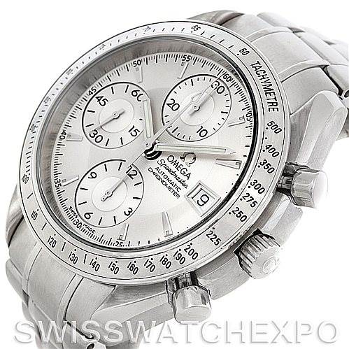 The image shows a close-up angled view of the Omega Speedmaster 3211.30.00 Men
s Stainless Steel Silver Dial 3211.30.00 Men
s Stainless Steel Silver Dial watch, highlighting the dial, bezel, pushers, and part of the bracelet.