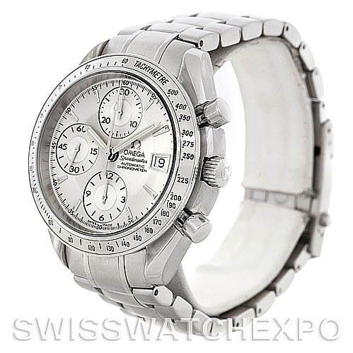 The image shows a side angle of the Omega Speedmaster 3211.30.00 Men
s Stainless Steel Silver Dial 3211.30.00 Men
s Stainless Steel Silver Dial watch, highlighting the face, chronograph buttons, and stainless steel bracelet.