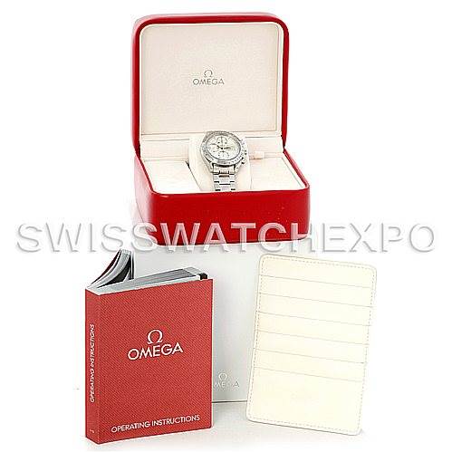 This Omega Speedmaster 3211.30.00 Men
s Stainless Steel Silver Dial 3211.30.00 Men
s Stainless Steel Silver Dial watch is shown front-on in its open box, alongside the operating instructions and a document holder.