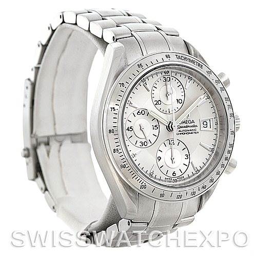 The image shows a side angle of an Omega Speedmaster 3211.30.00 Men
s Stainless Steel Silver Dial 3211.30.00 Men
s Stainless Steel Silver Dial watch, highlighting the case, dial, bracelet, and tachymeter.
