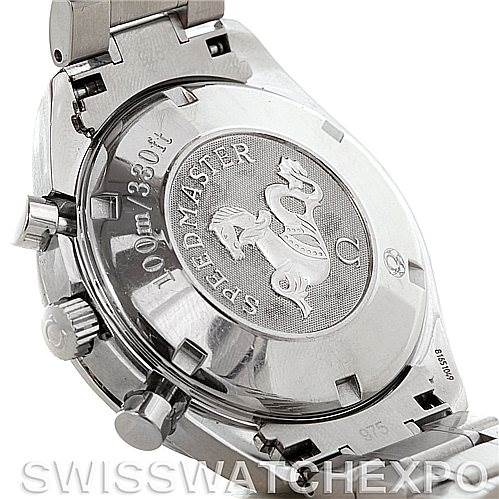 The image shows the case back and part of the bracelet of the Omega Speedmaster 3211.30.00 Men
s Stainless Steel Silver Dial 3211.30.00 Men
s Stainless Steel Silver Dial watch from a low side angle.