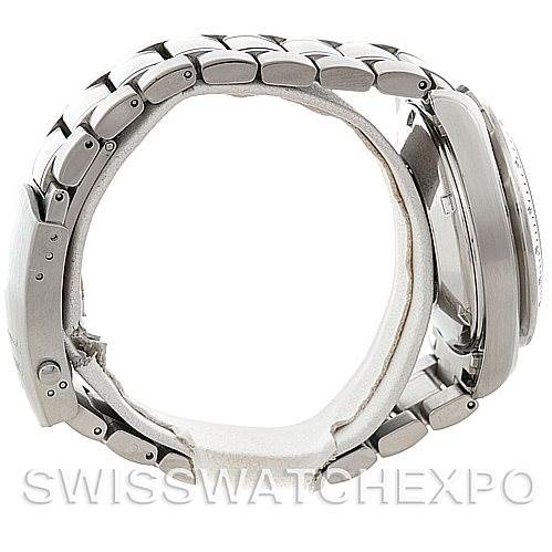 This image shows a side view of the Omega Speedmaster 3211.30.00 Men
s Stainless Steel Silver Dial 3211.30.00 Men
s Stainless Steel Silver Dial watch, highlighting its metal bracelet and clasp.