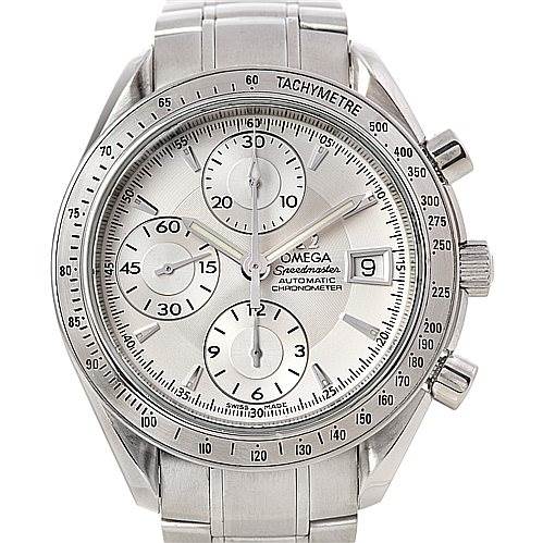 This image shows a frontal view of an Omega Speedmaster 3211.30.00 Men
s Stainless Steel Silver Dial 3211.30.00 Men
s Stainless Steel Silver Dial watch, displaying the dial, chronograph, and tachymeter scale.
