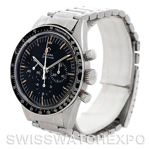 This image shows a side angle of an Omega Speedmaster 105.003-65 Men's Stainless Steel Black Dial 105.003-65 Men's Stainless Steel Black Dial watch, highlighting its bezel, dial, crown, and pushers.