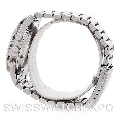 The image shows a side view of the Omega Speedmaster 105.003-65 Men's Stainless Steel Black Dial 105.003-65 Men's Stainless Steel Black Dial, highlighting the metallic bracelet and partially visible side buttons.