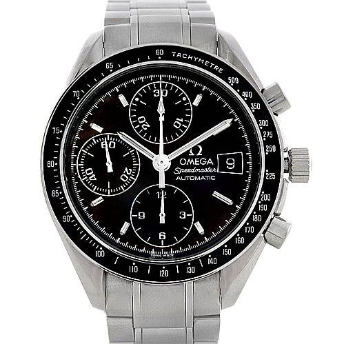 This image shows a front view of an Omega Speedmaster 3513.50.00 Men's Stainless Steel Black Dial 3513.50.00 Men's Stainless Steel Black Dial watch, highlighting the dial, subdials, date window, and tachymeter bezel.