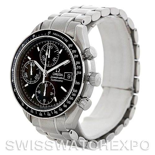 The Omega Speedmaster 3513.50.00 Men's Stainless Steel Black Dial 3513.50.00 Men's Stainless Steel Black Dial watch is shown at an angle, displaying its black dial, chronograph subdials, tachymeter bezel, and stainless steel bracelet.