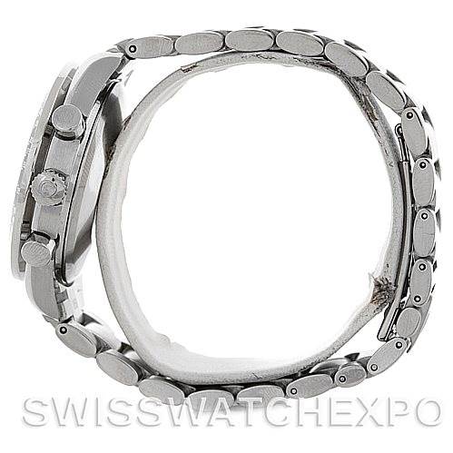 The image shows a side view of the Omega Speedmaster 3513.50.00 Men's Stainless Steel Black Dial 3513.50.00 Men's Stainless Steel Black Dial watch, highlighting its case, crown, pushers, and bracelet.