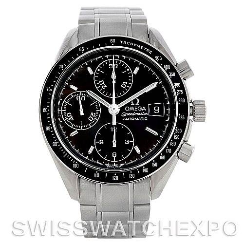 The image shows a front view of the Omega Speedmaster 3513.50.00 Men's Stainless Steel Black Dial 3513.50.00 Men's Stainless Steel Black Dial watch, highlighting its dial, tachymeter bezel, crown, and pushers.