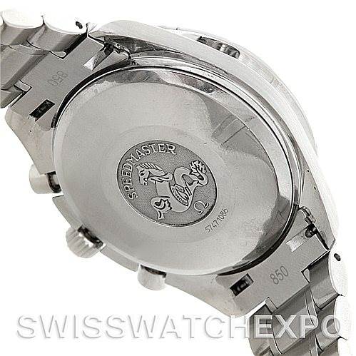 This image shows the back case and part of the bracelet of the Omega Speedmaster 3513.50.00 Men's Stainless Steel Black Dial 3513.50.00 Men's Stainless Steel Black Dial watch.