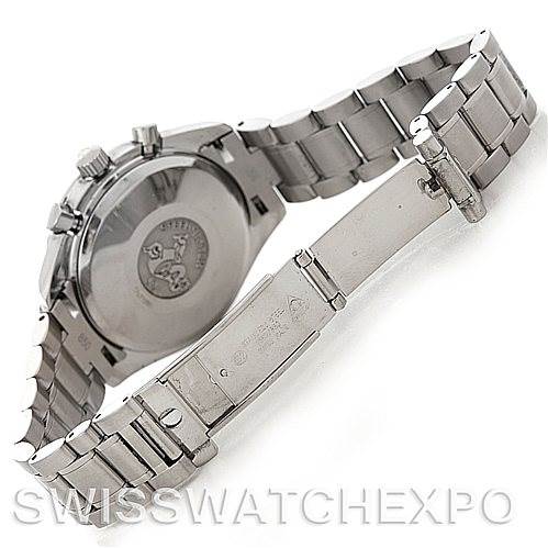 The image shows the back view of an Omega Speedmaster 3513.50.00 Men's Stainless Steel Black Dial 3513.50.00 Men's Stainless Steel Black Dial watch, emphasizing the stainless steel case back and metal bracelet with the clasp open.