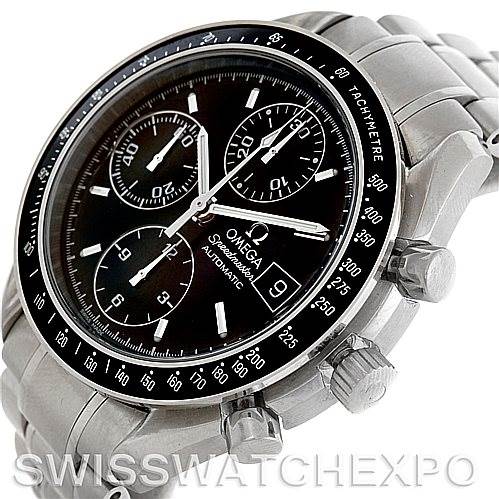 The image shows an Omega Speedmaster 3513.50.00 Men's Stainless Steel Black Dial 3513.50.00 Men's Stainless Steel Black Dial watch from an angled side view, highlighting its dial, bezel, subdials, crown, and chronograph buttons.