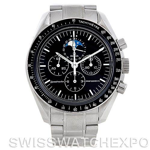 This image shows a front view of an Omega Speedmaster 3576.50.00 Men's Stainless Steel Black Dial 3576.50.00 Men's Stainless Steel Black Dial watch, displaying the face, bezel, and metal bracelet.