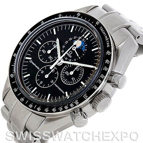 The image shows an angled view of the Omega Speedmaster 3576.50.00 Men's Stainless Steel Black Dial 3576.50.00 Men's Stainless Steel Black Dial watch, highlighting the dial, bezel, pushers, and crown.