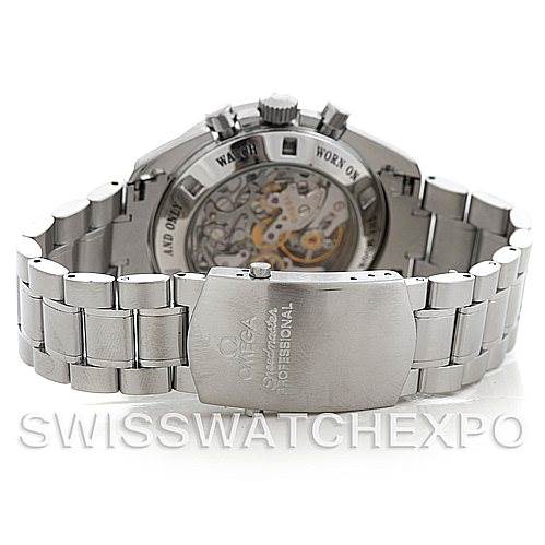 The image shows the back view of an Omega Speedmaster 3576.50.00 Men's Stainless Steel Black Dial 3576.50.00 Men's Stainless Steel Black Dial watch, highlighting the bracelet, clasp, and transparent case back displaying the movement.