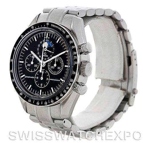 This image shows an Omega Speedmaster 3576.50.00 Men's Stainless Steel Black Dial 3576.50.00 Men's Stainless Steel Black Dial watch, featuring its bracelet, bezel, chronograph, and tachymeter details from an angled side view.