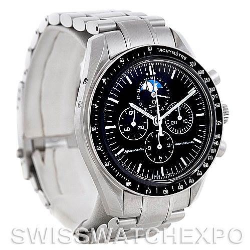 The image shows an Omega Speedmaster 3576.50.00 Men's Stainless Steel Black Dial 3576.50.00 Men's Stainless Steel Black Dial watch at a three-quarter view, highlighting the face, bezel, crown, and bracelet.