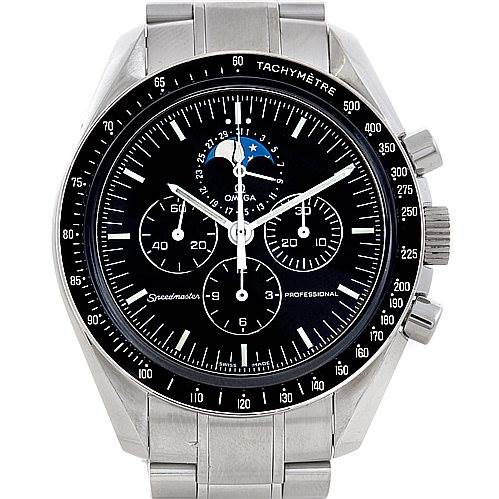 The image shows a front view of an Omega Speedmaster 3576.50.00 Men's Stainless Steel Black Dial 3576.50.00 Men's Stainless Steel Black Dial watch, featuring its dial, case, and bracelet.