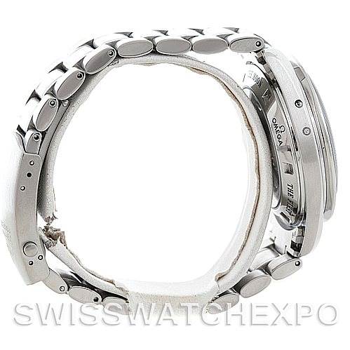 This image shows a side view of the Omega Speedmaster 3576.50.00 Men's Stainless Steel Black Dial 3576.50.00 Men's Stainless Steel Black Dial watch, displaying its stainless steel bracelet and pushers.