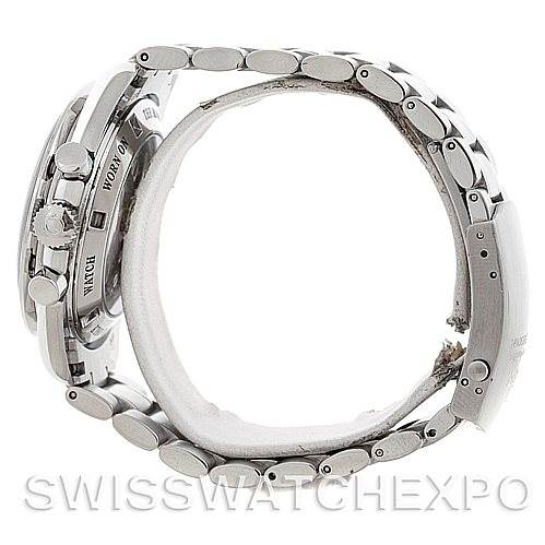 The image shows a side view of an Omega Speedmaster 3576.50.00 Men's Stainless Steel Black Dial 3576.50.00 Men's Stainless Steel Black Dial watch, highlighting the metal bracelet and side buttons.