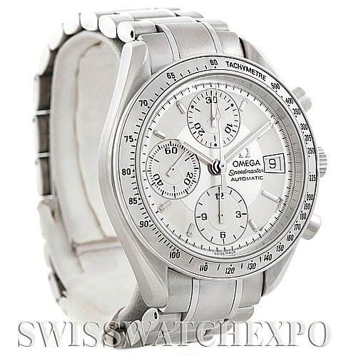 The image shows an Omega Speedmaster 3513.30.00 Men
s Stainless Steel Silver Dial 3513.30.00 Men
s Stainless Steel Silver Dial watch from a front diagonal angle, highlighting the dial, chronograph subdials, bezel, and bracelet.