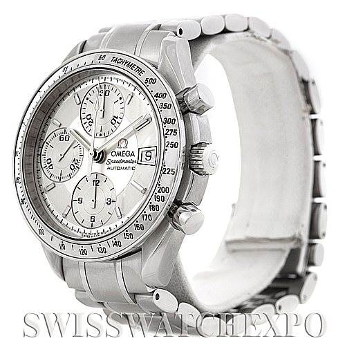The image shows an Omega Speedmaster 3513.30.00 Men
s Stainless Steel Silver Dial 3513.30.00 Men
s Stainless Steel Silver Dial watch from an angled side view, highlighting the face, side buttons, and bracelet.
