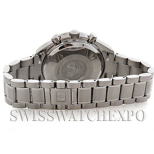 The image shows the back and strap of the Omega Speedmaster 3513.30.00 Men
s Stainless Steel Silver Dial 3513.30.00 Men
s Stainless Steel Silver Dial watch, focusing on the clasp and case back.