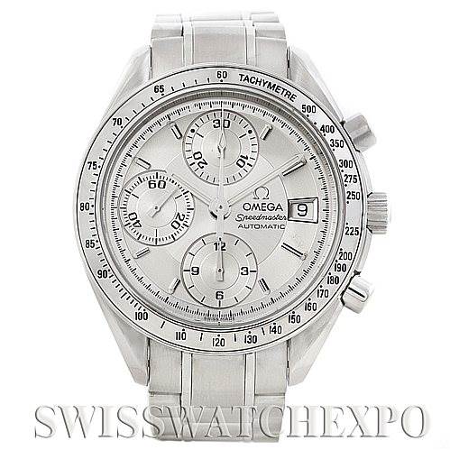 This Omega Speedmaster 3513.30.00 Men
s Stainless Steel Silver Dial 3513.30.00 Men
s Stainless Steel Silver Dial watch is shown from a front angle, displaying its face, chronograph dials, tachymeter bezel, and stainless steel band.