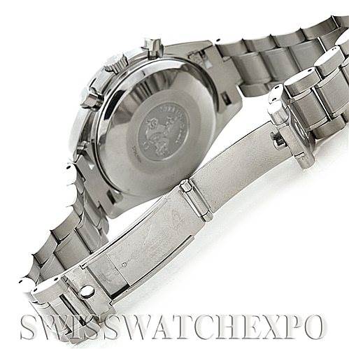 The image shows the Omega Speedmaster 3513.30.00 Men
s Stainless Steel Silver Dial 3513.30.00 Men
s Stainless Steel Silver Dial watch’s open clasp, bracelet, and case back from a slightly angled rear view.
