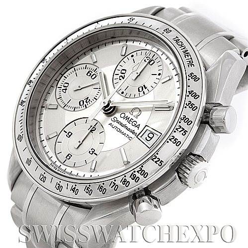 The image shows an angled view of the Omega Speedmaster 3513.30.00 Men
s Stainless Steel Silver Dial 3513.30.00 Men
s Stainless Steel Silver Dial
s face, crown, pushers, and part of its bracelet.