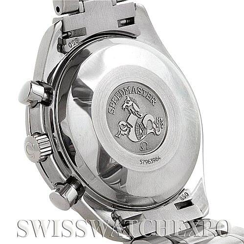 The image shows the back case and part of the bracelet of an Omega Speedmaster 3513.30.00 Men
s Stainless Steel Silver Dial 3513.30.00 Men
s Stainless Steel Silver Dial watch, displaying its engraved logo and model number.