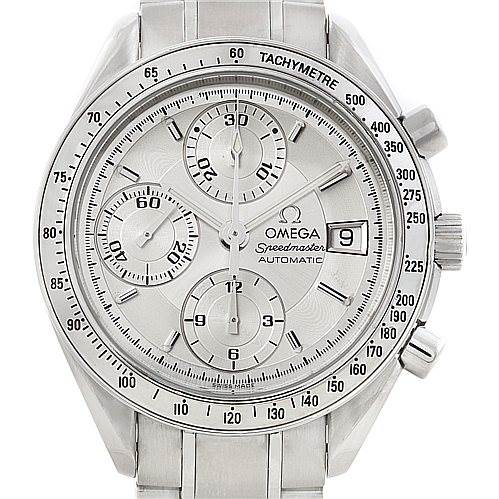 The image shows the front view of an Omega Speedmaster 3513.30.00 Men
s Stainless Steel Silver Dial 3513.30.00 Men
s Stainless Steel Silver Dial watch with a tachymeter bezel, subdials, and a date window.
